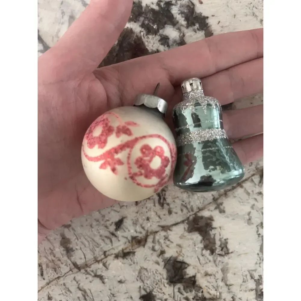 Vintage Mercury Glass Globe And Bell Christmas Ornaments Stenciled 1950s RARE